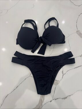 Black Women's Two-Piece Bikini Set with Tie Front Top NWT